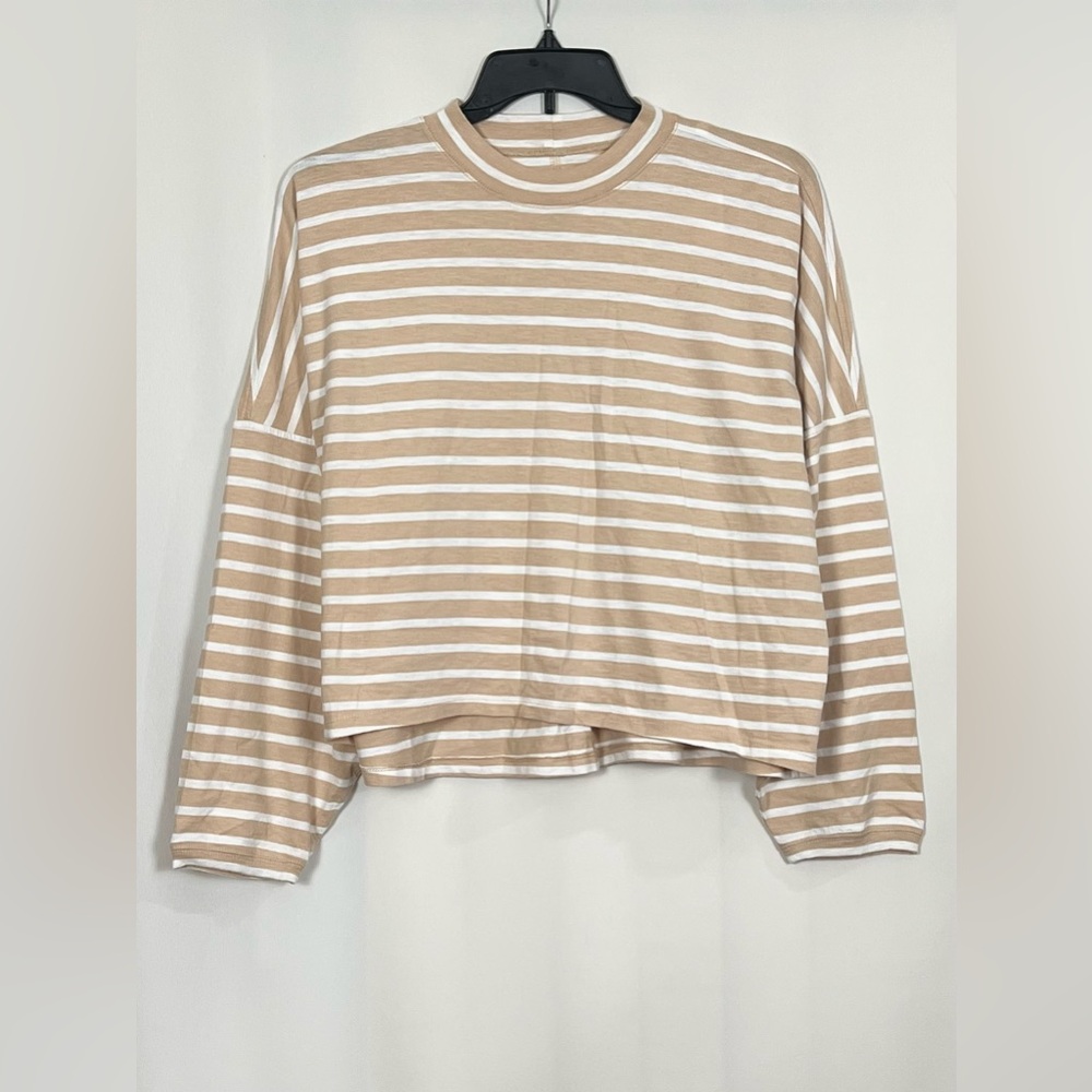 Aerie Women’s Cozy Long Sleeve Mockneck Striped T-Shirt Color Koko Brown XS